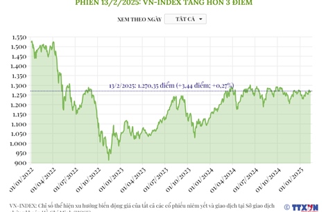 Phiên 13/2/2025: VN-Index tăng hơn 3 điểm