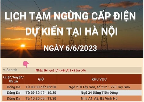 Lịch tạm ngừng cấp điện dự kiến tại Hà Nội ngày 6/6