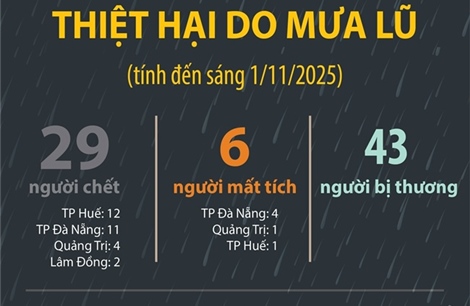 Thiệt hại do mưa lũ (tính đến sáng 1/11/2025)