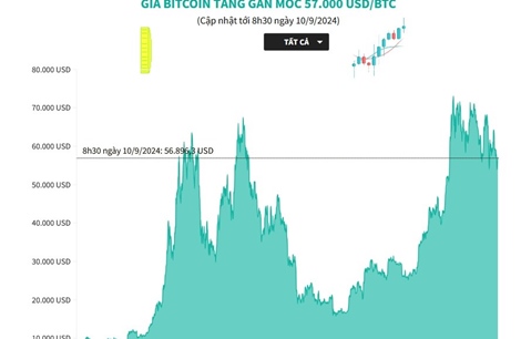 Giá Bitcoin tăng gần mốc 57.000 USD/BTC