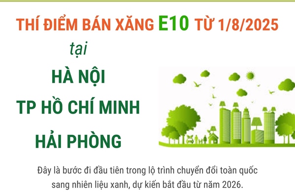 Thí điểm bán xăng E10 tại Hà Nội, TP Hồ Chí Minh và Hải Phòng từ ngày 1/8/2025