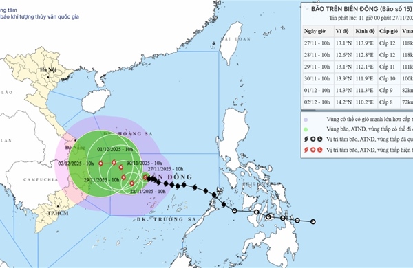 Bão số 15 giữ nguyên cường độ, di chuyển chậm hướng về giữa Biển Đông