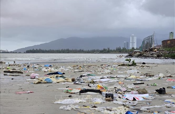 Rác thải &#39;bủa vây&#39; bờ biển Nguyễn Tất Thành (Đà Nẵng) sau mưa lũ