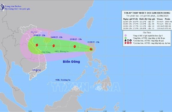 Ngày 23/8, áp thấp nhiệt đới khả năng mạnh lên thành bão với sức gió giật cấp 13-14