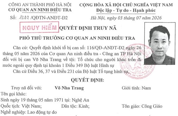 Truy nã đối tượng Võ Nha Trang về tội Tổ chức cho người khác trốn đi nước ngoài