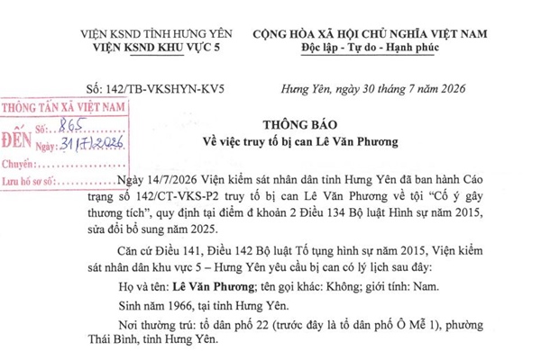 Truy tố bị can Lê Văn Phương về tội cố ý gây thương tích