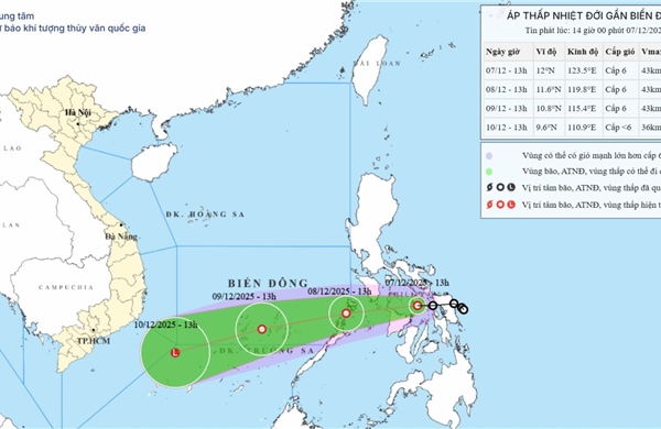 Áp thấp nhiệt đới gây gió mạnh trên vùng biển phía Đông Nam khu vực giữa Biển Đông
