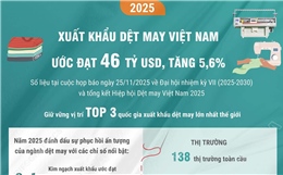 Xuất khẩu dệt may Việt Nam năm 2025 ước đạt 46 tỷ USD, tăng 5,6%