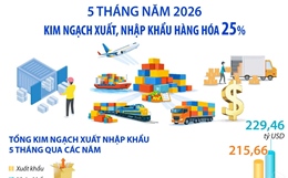 5 tháng năm 2026: Kim ngạch xuất, nhập khẩu hàng hóa tăng 25%