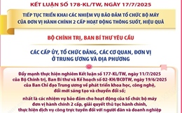 Kết luận số 178-KL/TW: Tiếp tục triển khai các nhiệm vụ bảo đảm tổ chức bộ máy của đơn vị hành chính 2 cấp hoạt động thông suốt, hiệu quả