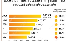 8 tháng năm 2026: Tổng mức bán lẻ hàng hóa và doanh thu dịch vụ tiêu dùng tăng 13,3%